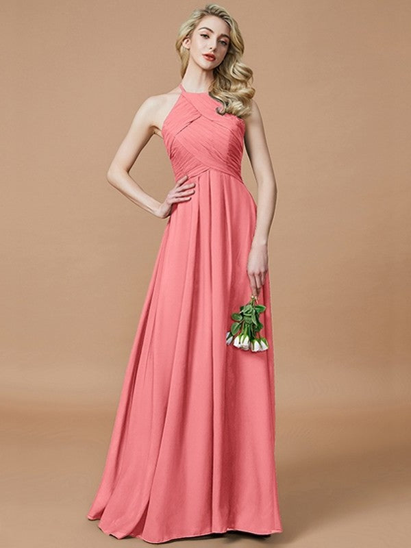 A-Line/Princess Halter Sleeveless Ruched Floor-Length Chiffon Bridesmaid Dresses DEP0005208