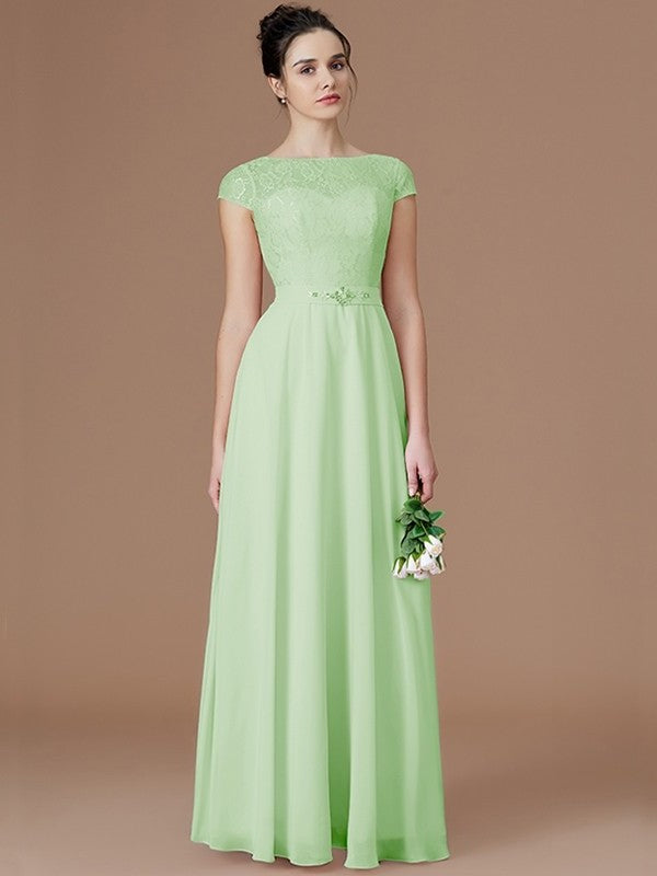 A-Line/Princess Bateau Sleeveless Lace Floor-Length Chiffon Bridesmaid Dresses DEP0005198