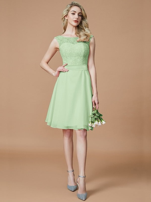 A-Line/Princess Bateau Sleeveless Lace Short/Mini Chiffon Bridesmaid Dresses DEP0005467