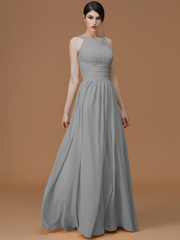 A-Line/Princess Halter Sleeveless Floor-Length Ruched Chiffon Bridesmaid Dresses DEP0005325