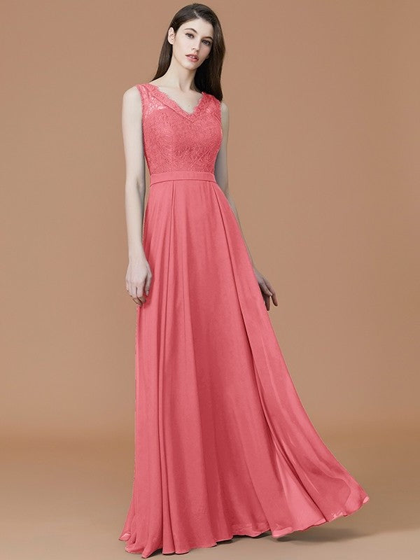 A-Line/Princess V-neck Sleeveless Floor-Length Lace Chiffon Bridesmaid Dresses DEP0005542