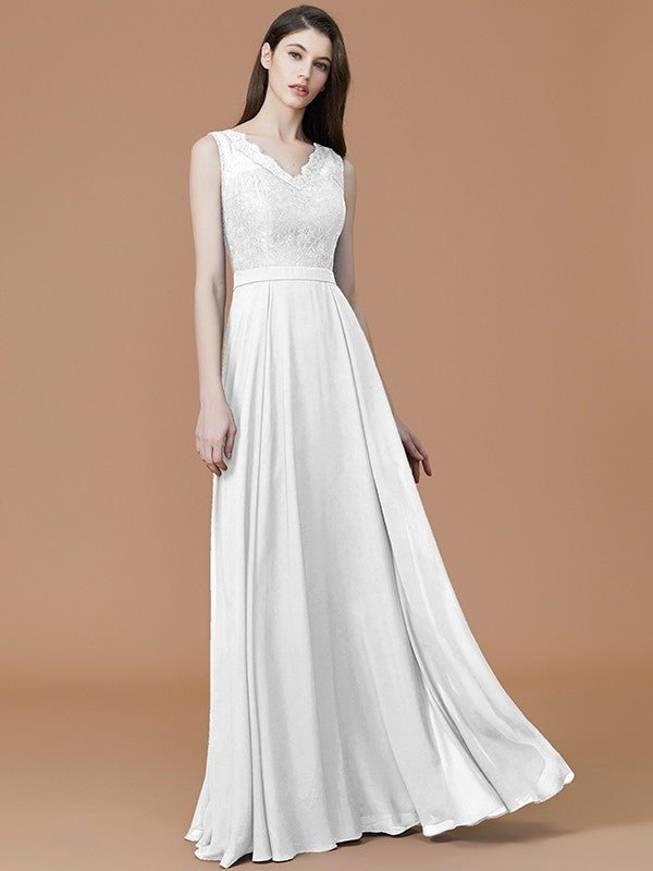 A-Line/Princess V-neck Sleeveless Floor-Length Lace Chiffon Bridesmaid Dresses DEP0005542