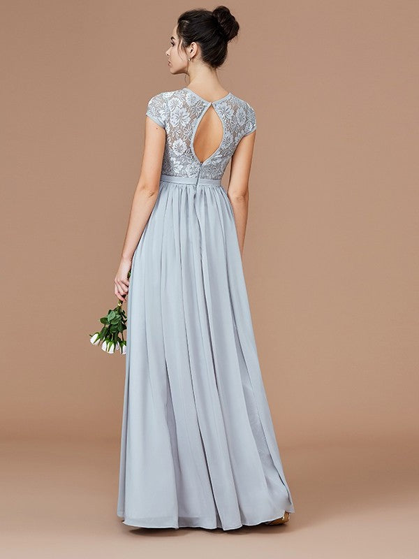 A-Line/Princess Jewel Short Sleeves Lace Floor-Length Chiffon Bridesmaid Dresses DEP0005264