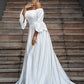 A-Line/Princess Charmeuse Ruffles Off-the-Shoulder 3/4 Sleeves Sweep/Brush Train Wedding Dresses DEP0006367