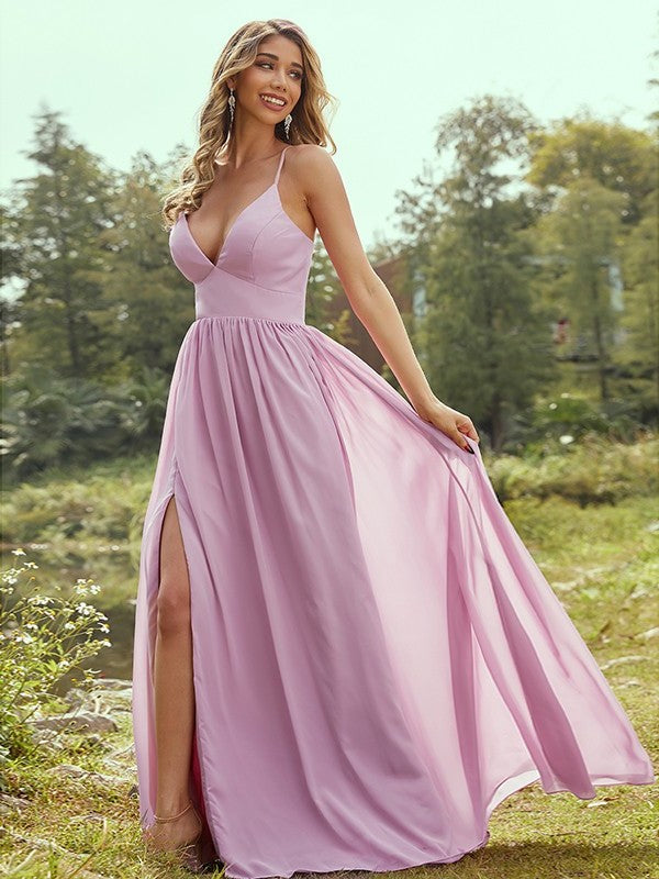 A-Line/Princess Chiffon Ruffles V-neck Sleeveless Floor-Length Bridesmaid Dresses DEP0004969