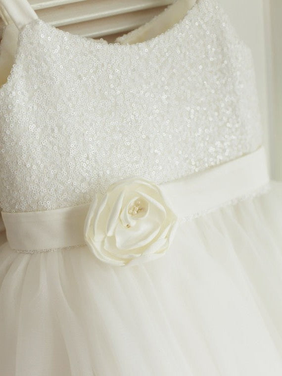 A-line/Princess Spaghetti Straps Sleeveless Hand-Made Flower Long Tulle Dresses DEP0007781