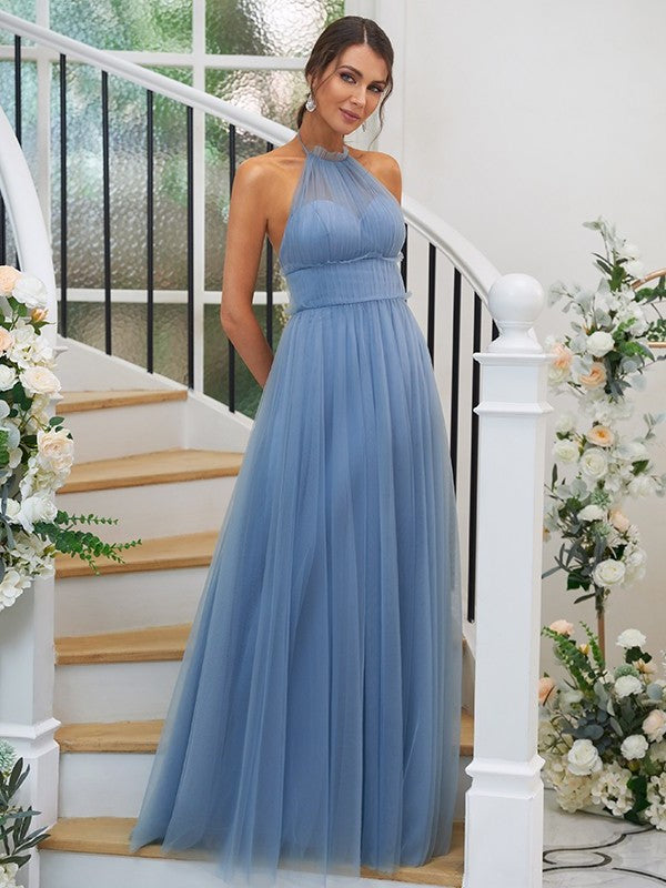 A-Line/Princess Tulle Ruched Halter Sleeveless Floor-Length Bridesmaid Dresses DEP0004960