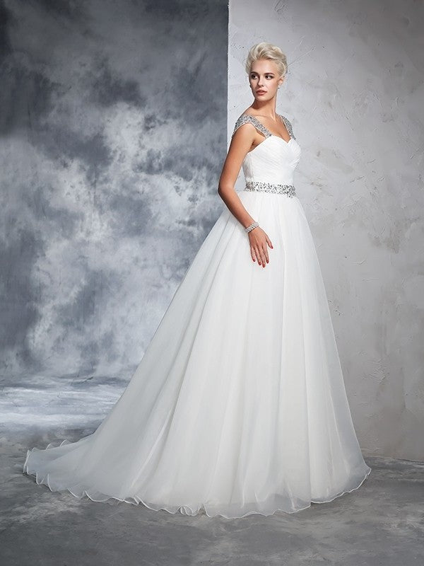 Ball Gown Straps Ruched Sleeveless Long Net Wedding Dresses DEP0006544