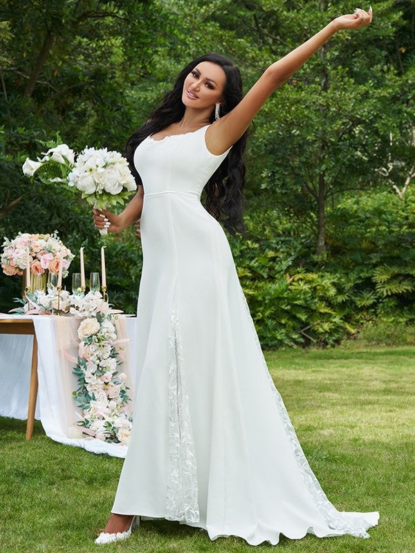A-Line/Princess Lace Ruffles Straps Sleeveless Sweep/Brush Train Wedding Dresses DEP0006536