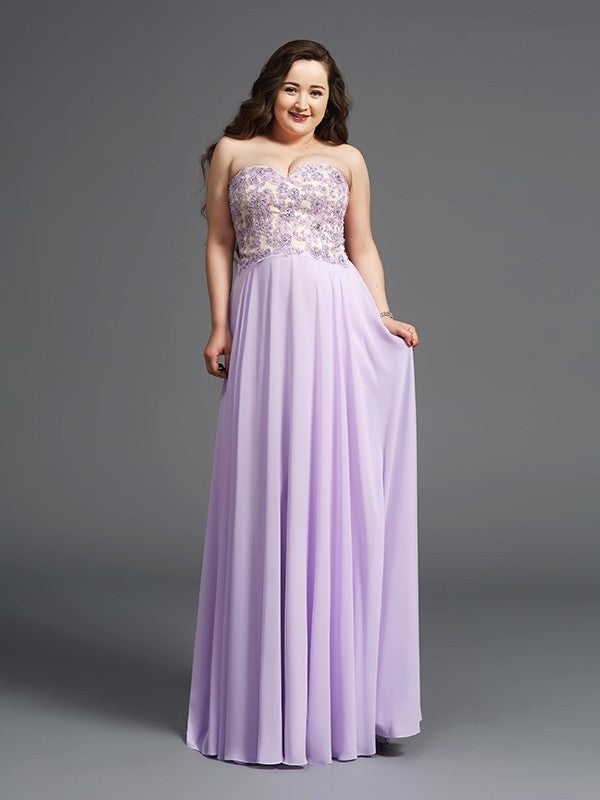 A-Line/Princess Sweetheart Lace Sleeveless Long Chiffon Plus Size Dresses DEP0003605