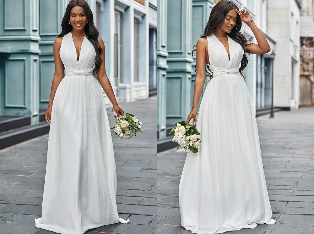 A-Line/Princess Chiffon Halter Ruched Sleeveless Floor-Length Wedding Dresses DEP0006674
