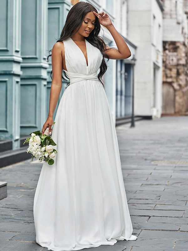 A-Line/Princess Chiffon Halter Ruched Sleeveless Floor-Length Wedding Dresses DEP0006674