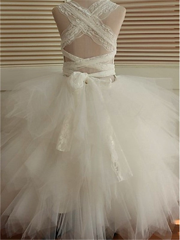 Ball Gown Scoop Sleeveless Lace Ankle-Length Tulle Flower Girl Dresses DEP0007484