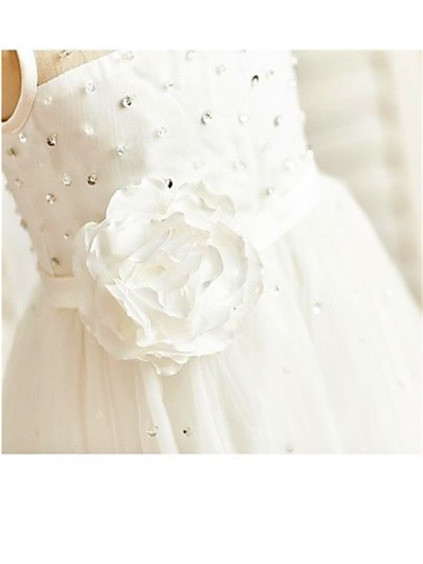 A-line/Princess Scoop Sleeveless Tea-Length Hand-made Flower Tulle Flower Girl Dresses DEP0007745