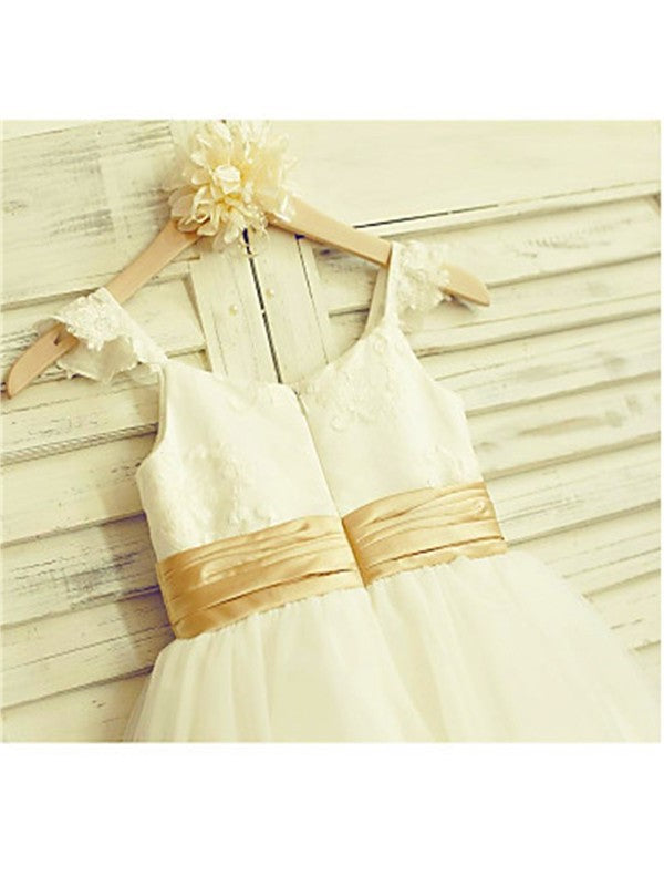 A-line/Princess Spaghetti Straps Sleeveless Lace Tea-Length Tulle Flower Girl Dresses DEP0007846