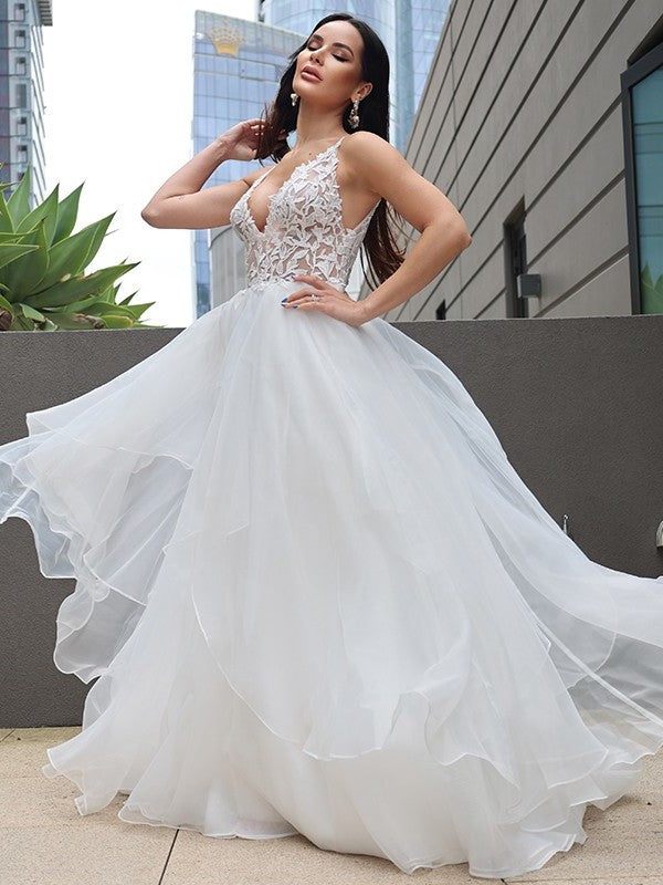 A-Line/Princess Lace Ruffles V-neck Sleeveless Sweep/Brush Train Wedding Dresses DEP0005904