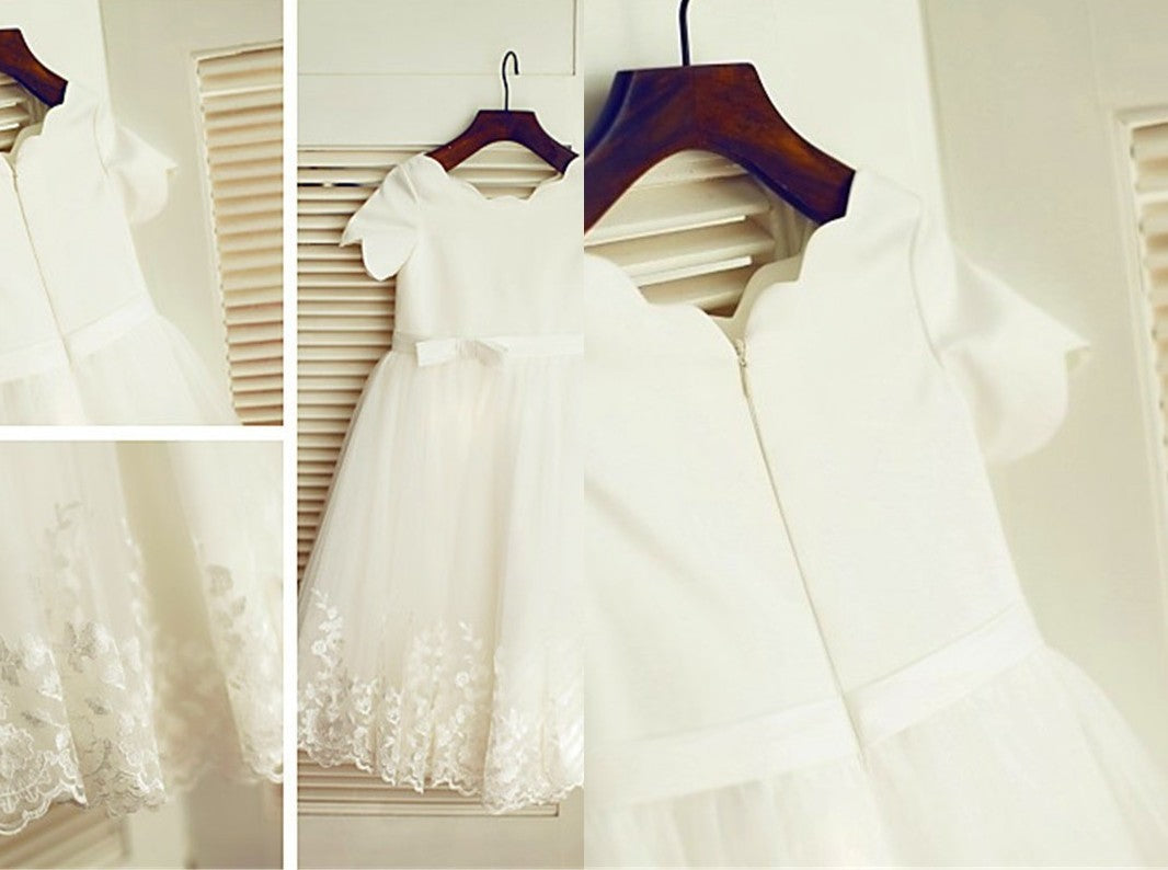 A-line/Princess Scoop Short Sleeves Tea-Length Lace Flower Girl Dresses DEP0007656