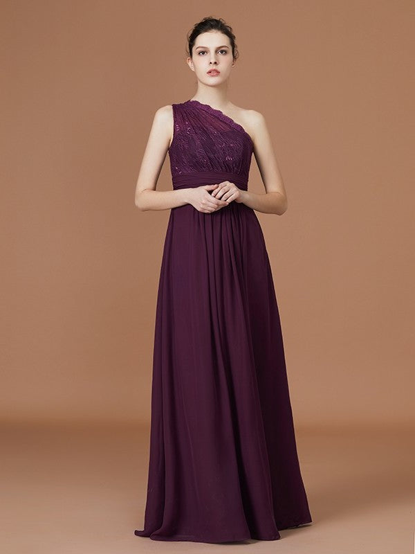 A-line/Princess One-Shoulder Lace Chiffon Sleeveless Floor-Length Bridesmaid Dresses DEP0005725