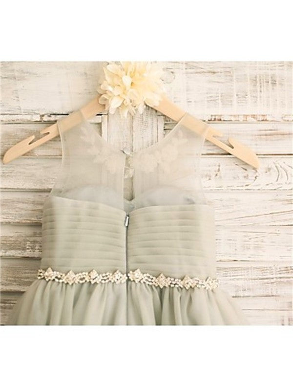 A-line/Princess Scoop Sleeveless Beading Tea-Length Tulle Flower Girl Dresses DEP0007663