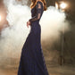 Trumpet/Mermaid V-neck Long Sleeves Applique Sweep/Brush Train Lace Dresses DEP0002339