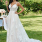 A-Line/Princess Lace Applique V-neck Sleeveless Sweep/Brush Train Wedding Dresses DEP0005914