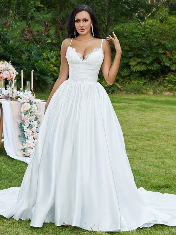 Ball Gown Lace Ruffles V-neck Sleeveless Sweep/Brush Train Wedding Dresses DEP0005959