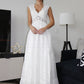 A-Line/Princess V-neck Short Sleeves Lace Ruched Floor-Length Wedding Dresses DEP0005984