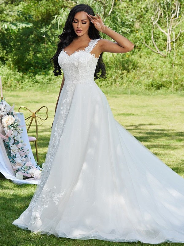 A-Line/Princess Lace Applique Sweetheart Sleeveless Sweep/Brush Train Wedding Dresses DEP0005900