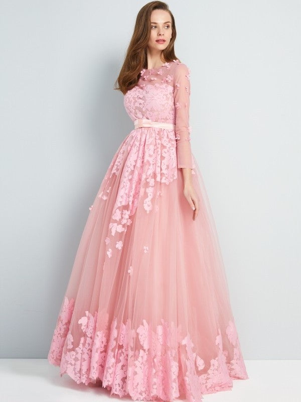 A-Line/Princess Scoop 3/4 Sleeves Floor-Length Applique Tulle Dresses DEP0002409