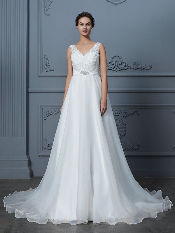 A-Line/Princess V-neck Sleeveless Floor-Length Lace Chiffon Wedding Dresses DEP0006395