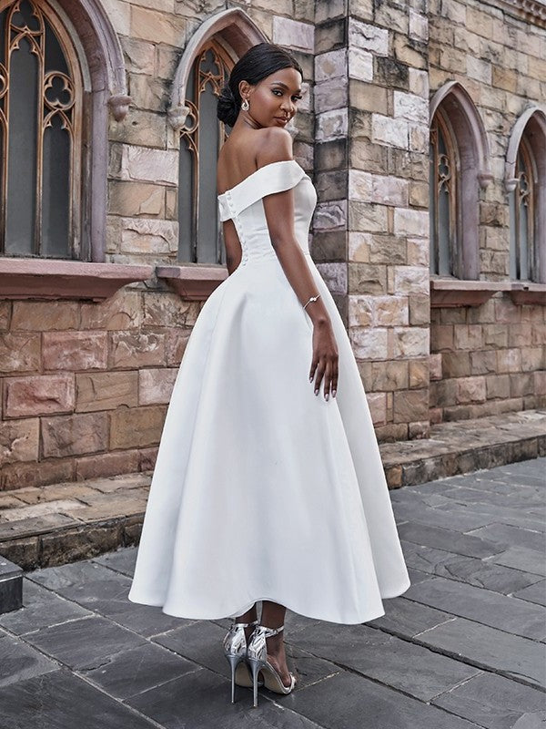A-Line/Princess Satin Ruffles Off-the-Shoulder Sleeveless Ankle-Length Wedding Dresses DEP0006529