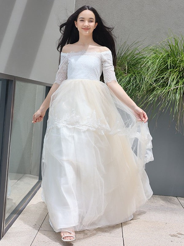 A-Line/Princess Lace Ruffles Off-the-Shoulder 1/2 Sleeves Sweep/Brush Train Junior/Girls Bridesmaid Dresses DEP0005885