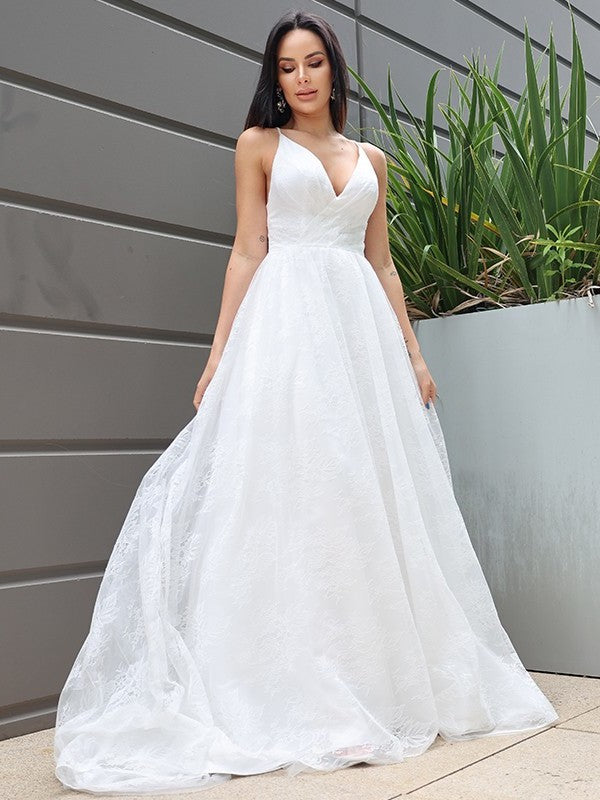 A-Line/Princess Lace Ruched V-neck Sleeveless Sweep/Brush Train Wedding Dresses DEP0006312