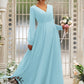 A-Line/Princess Chiffon Ruched V-neck Long Sleeves Floor-Length Bridesmaid Dresses DEP0004950