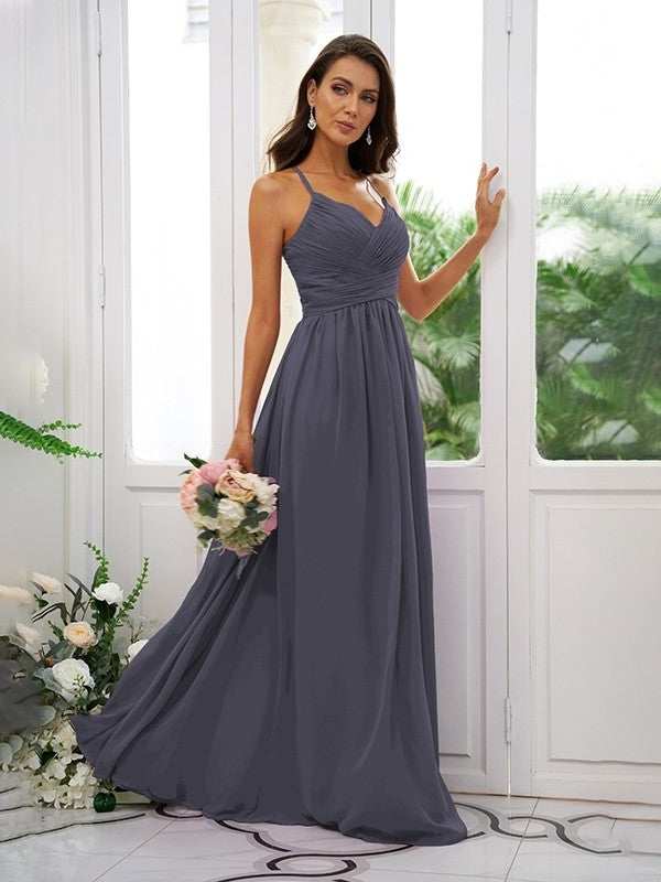 A-Line/Princess Chiffon Ruched V-neck Sleeveless Floor-Length Bridesmaid Dresses DEP0004928