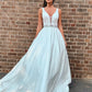 A-Line/Princess Satin V-neck Beading Sleeveless Court Train Wedding Dresses DEP0006109