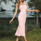 Sheath/Column Stretch Crepe Ruched One-Shoulder Sleeveless Tea-Length Bridesmaid Dresses DEP0005012