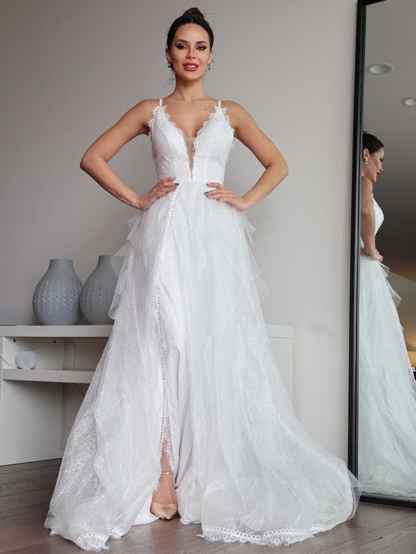 A-Line/Princess Lace Ruffles V-neck Sleeveless Sweep/Brush Train Wedding Dresses DEP0006454