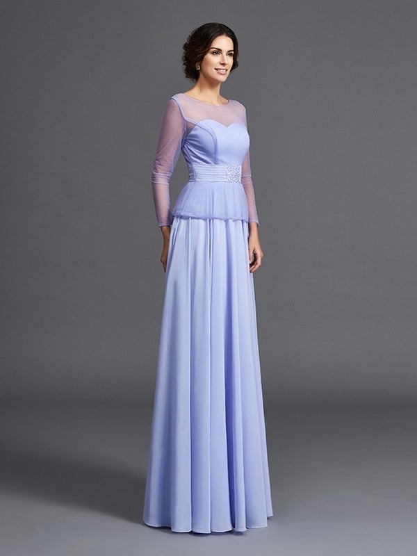 A-Line/Princess Scoop Ruffles Long Sleeves Long Chiffon Mother of the Bride Dresses DEP0007445