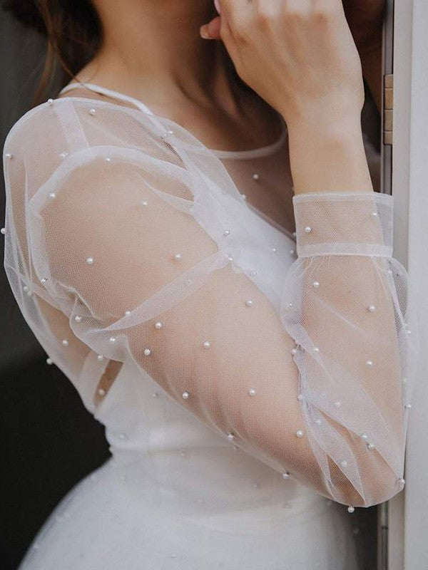 A-Line/Princess Tulle Beading Scoop Long Sleeves Sweep/Brush Train Wedding Dresses DEP0006985