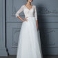 A-Line/Princess V-neck 3/4 Sleeves Floor-Length Lace Tulle Wedding Dresses DEP0006306