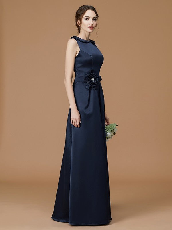 A-Line/Princess Bateau Sleeveless Floor-Length Hand-Made Flower Satin Bridesmaid Dresses DEP0005670