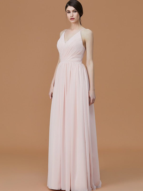 A-Line/Princess Spaghetti Straps Sleeveless Floor-Length Ruched Chiffon Bridesmaid Dresses DEP0005507