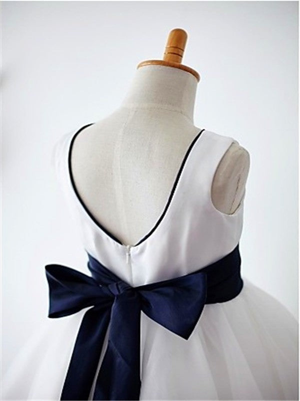 A-line/Princess Scoop Bowknot Sleeveless Tea-Length Tulle Flower Girl Dresses DEP0007839
