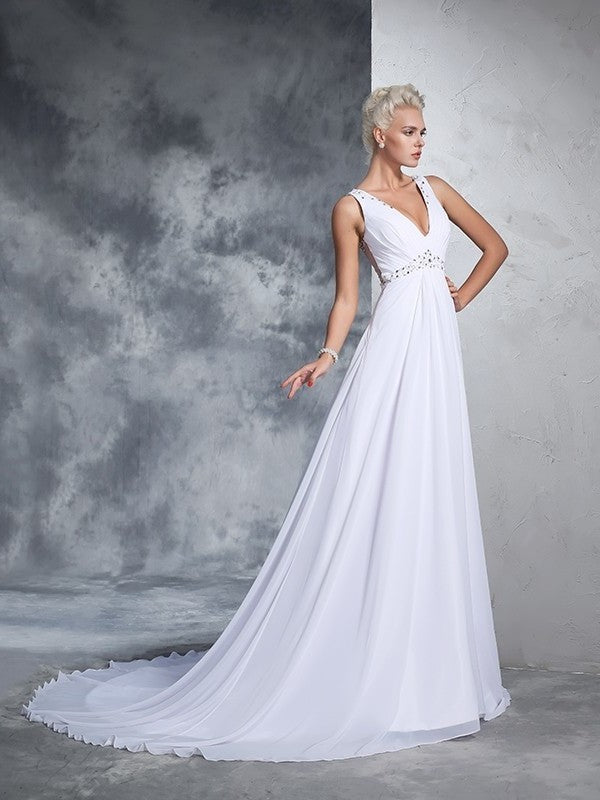 A-Line/Princess V-neck Beading Sleeveless Long Chiffon Wedding Dresses DEP0006646