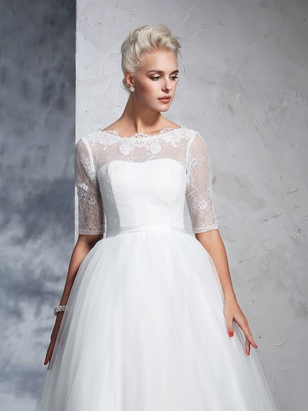 Ball Gown Bateau Lace 1/2 Sleeves Long Net Wedding Dresses DEP0006343