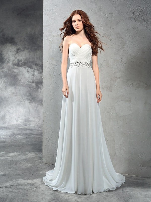 A-Line/Princess Sweetheart Pleats Sleeveless Long Chiffon Wedding Dresses DEP0006602
