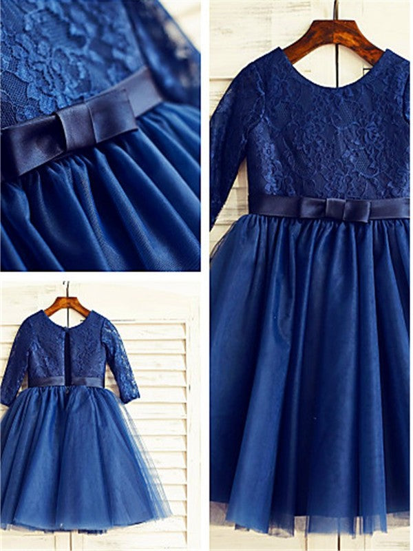 A-line/Princess Scoop Long Sleeves Lace Tea-Length Tulle Flower Girl Dresses DEP0007732