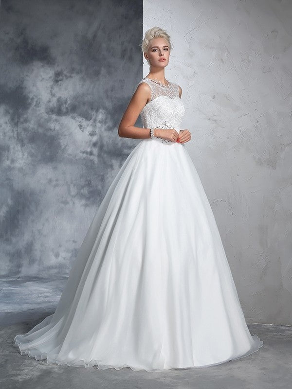 Ball Gown Sheer Neck Lace Sleeveless Long Net Wedding Dresses DEP0006665