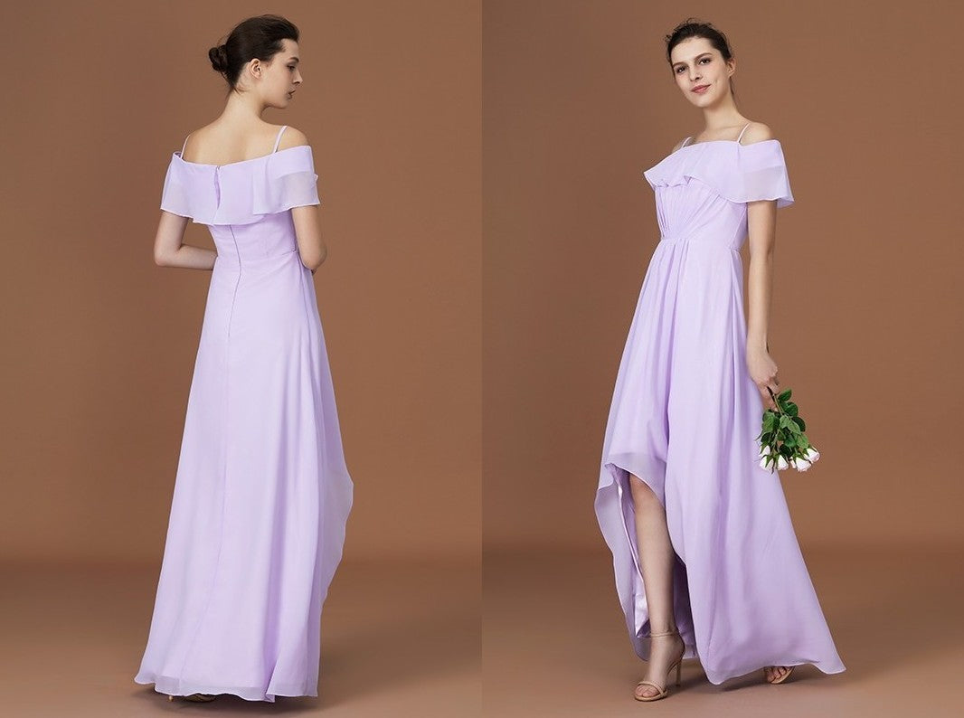 A-Line/Princess Asymmetrical Short Sleeves Off-the-Shoulder Ruched Chiffon Bridesmaid Dresses DEP0005829